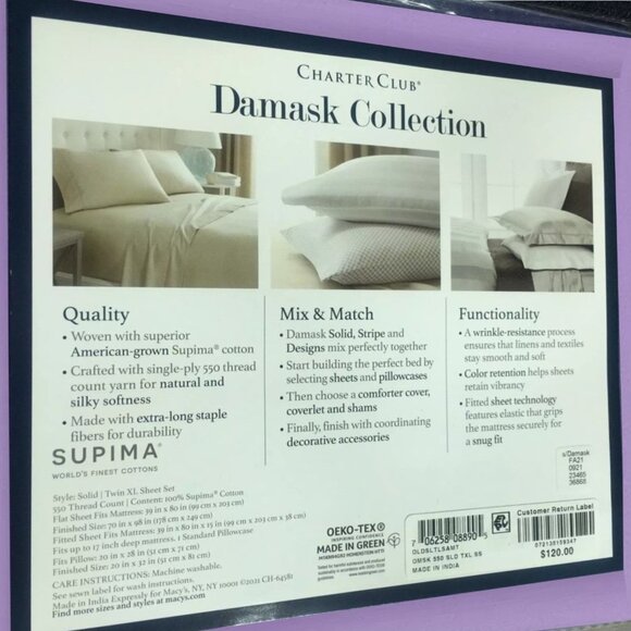 new PURPLE Charter Club 550 TC Cotton TWIN XL Sheet Set fits 17" deep mattresses - Picture 3 of 10